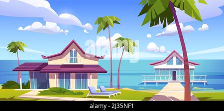 Bungalow moderni sulla spiaggia dell'isola, paesaggio tropicale estivo con case su palafitte con terrazza, palme e vista sull'oceano. Ville private in legno Illustrazione Vettoriale