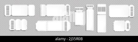 Mockup di biglietti vuoti con codice a barre e linea punteggiata. Modelli vuoti per concerti, cinema e imbarco per il trasporto. Coupon per lotteria bianca isolati o Illustrazione Vettoriale