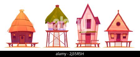 Case in palafitte estive, bungalow sulla spiaggia di mare isolato su sfondo bianco. Cartoon vettoriale di ville d'epoca per vacanze e resort su esotica islan Illustrazione Vettoriale