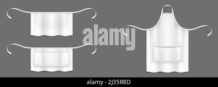 Grembiuli chef, mockup vettoriale 3d uniforme da cuoco bianco. Il personale della cucina o della panetteria, con le tasche anteriori e le corde isolate modelli realistici. Illustrazione Vettoriale