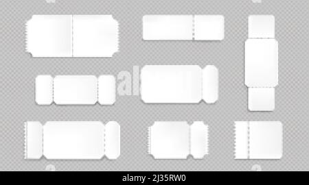 Mockup di biglietti per cinema, concerti, circo o festival, buoni regalo o invito. Modello vettoriale realistico di biglietti bianchi vuoti con Illustrazione Vettoriale