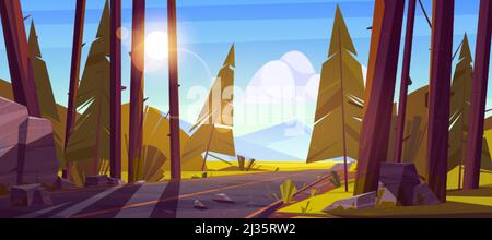 Paesaggio con strada attraverso la foresta e le montagne all'orizzonte. Vettore cartoon illustrazione della scena della natura con auto autostrada, alberi di conifere, pietre e. Illustrazione Vettoriale