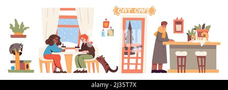 Interno del Cat cafe con persone e animali domestici. Immagine vettoriale piatta del bar con gattini sul banco e torre di arrampicata gatto, donne seduti al tavolo Illustrazione Vettoriale