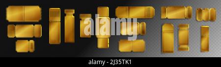 Biglietti d'oro in bianco mockup con codice a barre e linea tratteggiata. Modelli vuoti per concerti, cinema e imbarco di trasporto. Coupon lotteria isolato Illustrazione Vettoriale