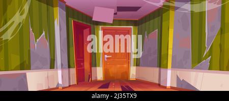 Corridoio interno della vecchia casa abbandonata con porte chiuse alle camere, pavimento rotto e soffitto. Vettore cartoon illustrazione di corridoio vuoto casa con Illustrazione Vettoriale