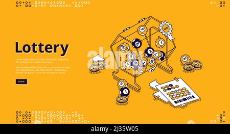 Banner lotteria. Gioco d'azzardo, vincere nel concetto di giochi di bingo. Vettore landing page dei giochi di fortuna con illustrazione isometrica della macchina del lotto, palle con nu Illustrazione Vettoriale