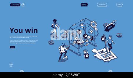 La lotteria vince la pagina di atterraggio isometrica con la gente piccola intorno di tamburo enorme con le sfere rotolanti all'interno. Concetto di fortuna e fortuna con il carattere che riempie la tic Illustrazione Vettoriale