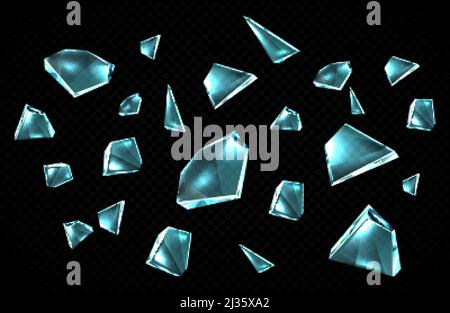 Frammenti di vetro rotti isolati su sfondo nero, pezzi frantumati casualmente sparsi di finestra schiacciata, frammenti di cristallo di ghiaccio trasparente con affilato Illustrazione Vettoriale