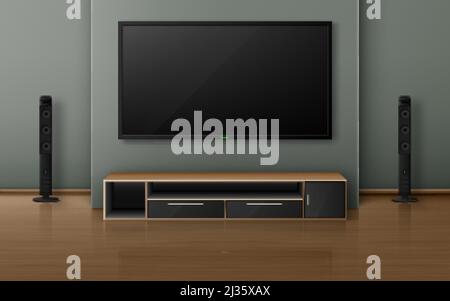 Home Theatre con schermo tv e altoparlanti in un moderno soggiorno. Vector interni realistici con TV al plasma appeso a parete, impianto stereo Illustrazione Vettoriale