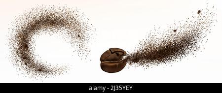 Esplosione di chicchi di caffè e polvere isolati su sfondo bianco. Immagine vettoriale realistica del caffè macinato tostato e della raffica di arabica Illustrazione Vettoriale