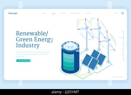 Landing page isometrica dell'industria dell'energia verde rinnovabile. Concetto di sviluppo sostenibile con turbine eoliche, pannelli solari e batterie, ambiente Illustrazione Vettoriale