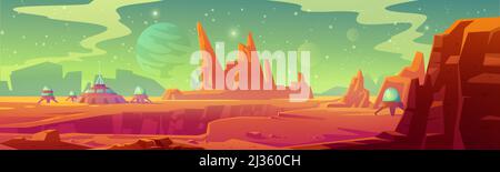 Paesaggio di Marte superficie con colonia base. Illustrazione futuristica di cartoni animati vettoriali di superficie del pianeta rosso alieno con cupola, montagne, luna e. Illustrazione Vettoriale