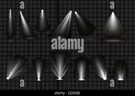 I fasci di luce provenienti da faretti e proiettori da pavimento sono isolati su sfondo trasparente. Set vettoriale realistico di raggi bianchi luminosi per esposizione di illuminazione, Illustrazione Vettoriale