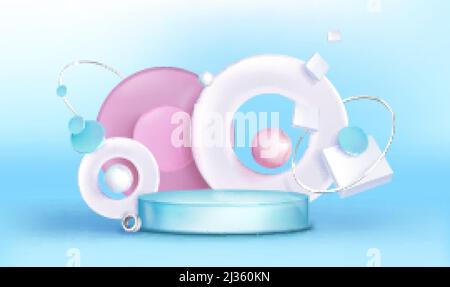 Podio, sfondo astratto con figure geometriche, palco cilindrico vuoto per cerimonia di premiazione, piattaforma di presentazione del prodotto, piedistallo, anelli o sphe Illustrazione Vettoriale