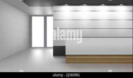 L'interno della reception, l'accogliente atrio con una moderna scrivania, l'illuminazione a lampada sul soffitto e la porta in vetro. Sala vuota o area lobby con luce soffusa e contemporanea Illustrazione Vettoriale