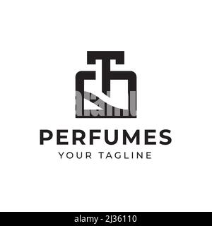 Logo design con linea di bottiglie di profumo e linea ornamento, lettera T, adatto per la moda cosmetici segno di bellezza. Illustrazione Vettoriale