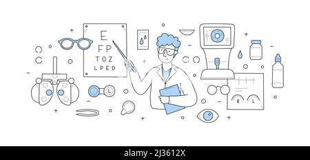 Controllo oculare, diagnostica oftalmologica, correzione della vista, concetto di optometria Doodle. Oftalmologo che controlla la vista del paziente. L'oculista mostra le lettere sulla scheda di prova dell'occhio, illustrazione vettoriale di Line art Illustrazione Vettoriale