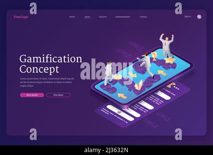 Banner di gamification. Concetto di strategia di gioco nel business e processo di istruzione, divertente sfida online per il successo di successo. Pagina di destinazione vettore di Illustrazione Vettoriale