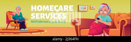Poster dei servizi Homecare. Servizio sociale per l'assistenza e la cura dei pazienti anziani a casa. Vector Flyer con cartoon illustrazione di anziano seduto in braccio Illustrazione Vettoriale