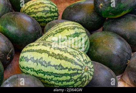 Cocomeri selettivi focalizzati all'interno di un negozio di frutta da vicino Foto Stock