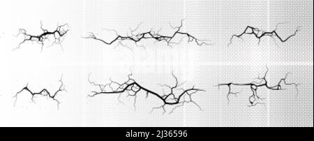 Incrinature del terreno, interruzioni orizzontali sulla superficie del terreno isolate su sfondo trasparente. Vettore realistico insieme di fessura in terra, crepacci da disastro Illustrazione Vettoriale