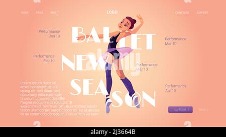 Nuovo poster della stagione del balletto con ballerina e calendario delle performance. Vettore landing page di teatro classico spettacolo di danza con cartoon illustrazione della ragazza Illustrazione Vettoriale