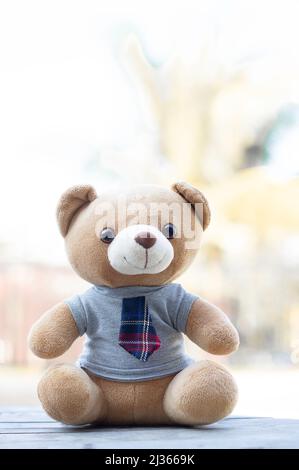 Orsacchiotto verticale marrone con foto in una camicia e cravatta si siede su uno sfondo di legno con sfondo verde. Foto Stock