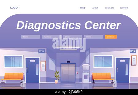 Pagina di destinazione cartoni animati del centro di diagnostica. Corridoio interno dell'ospedale, corridoio vuoto della clinica medica con le sedie, le porte ai reparti, il refrigerante dell'acqua e l'ele Illustrazione Vettoriale