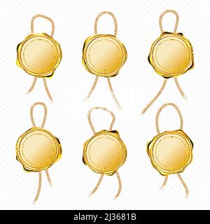 Sigilli in cera d'oro con corda per lettera, garanzia o certificato. Vector Set realistico di francobolli bianchi rotondi in cera con cordoncino, etichetta dorata per avvolge il lucchetto Illustrazione Vettoriale