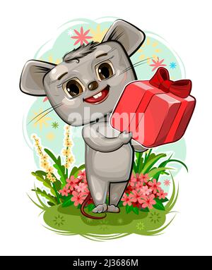 Baby mouse porta un regalo a un amico. Scatola rossa con nastro e arco. Prato estivo con fiori. Illustrazione dei bambini. Felice animale da bambino. Cartone animato Illustrazione Vettoriale