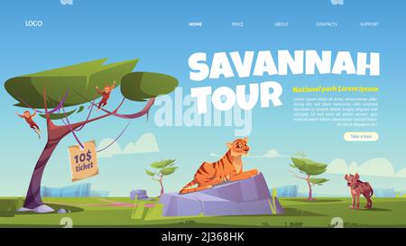 Savannah tour cartoon landing page, invito nel parco nazionale con animali selvatici. Tigri, iena e scimmie abitanti della giungla in zoo o safari all'aperto Illustrazione Vettoriale