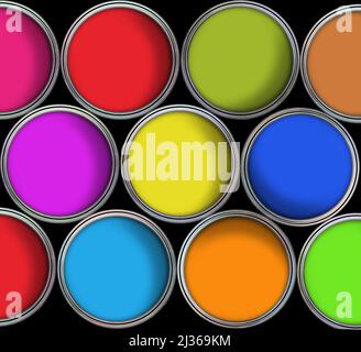 Tavolozza colori delle lattine di vernice, vista dall'alto delle lattine aperte Foto Stock