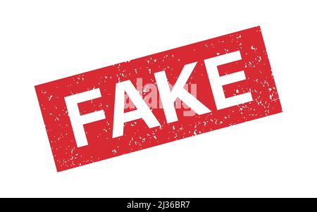 Timbro in gomma per supporti e documenti. Adesivo con cartello falso. Simbolo di bugie. Grunge rosso vintage etichetta quadrata. Illustrazione vettoriale Illustrazione Vettoriale