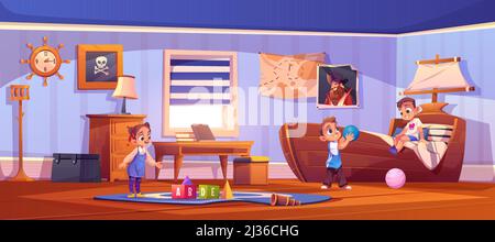 Bambini in camera da letto a tema pirata con letto della nave, ritratto capitano e bandiera pirata sul muro. Illustrazione vettoriale cartoon di ragazzi e ragazze che giocano con Illustrazione Vettoriale