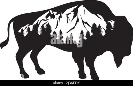 Bisonte americano e montagna (disegno di caccia). Buffalo icona. Illustrazione vettoriale. Illustrazione Vettoriale