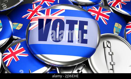 Sant'Elena Ascensione e Tristan da Cunha e Vota - decine di pulsanti con una bandiera di Sant'Elena Ascensione e Tristan da Cunha simboleggiare l'upcom Foto Stock