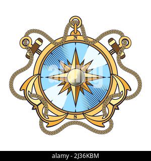 Navigazione nautica Bussola e ancore con catene emblema isolato su bianco. Illustrazione vettoriale. Illustrazione Vettoriale