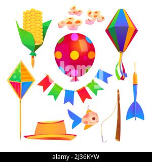 Festa Junina elementi cartone animato cappello, aquilone, bandiere ghirlanda e canna da pesca con gancio e pesce, palloncino, lanterna di carta e freccette con mais su bastone, Illustrazione Vettoriale