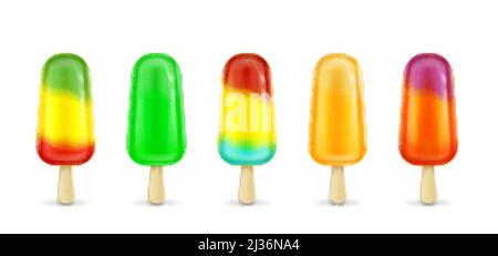 Gelato alla frutta su bastone, pop-sicle fruttate surgelate. Dessert estivo di colore verde, giallo, rosso e arancio, con succo fresco isolato Illustrazione Vettoriale