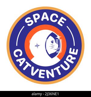 Gatto astronauta, badge missione spaziale con caratteri Space Catventure. Icona vettore avventura Cat. Illustrazione Vettoriale