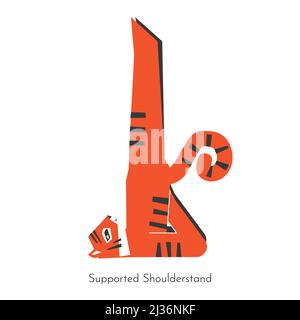 Concetto vettoriale con animal cartone animato apprendimento del carattere bilanciamento pratica yoga - Salamba sarvangasana. La tigre bengala supporta il supporto a spalla. Piatto Illustrazione Vettoriale