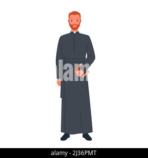 Sacerdote protestante, personaggio leader religioso con barba che tiene in mano il libro sacro della Bibbia Illustrazione Vettoriale