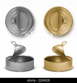 Aprire lattine di latta, pesce o cibo per animali domestici mockup con pull ring superiore e vista frontale. Vasetti vuoti in metallo con chiave aperta, tondi, gialli e grigi, in alluminio isolato p Illustrazione Vettoriale