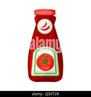 Bottiglia da ketchup. Salsa di pomodoro rosso e condimento in confezione di plastica. Contenitore di condimento al pomodoro con pomodoro e peperoncino. Lora la tara con etichetta vegetale. Illustrazione Vettoriale