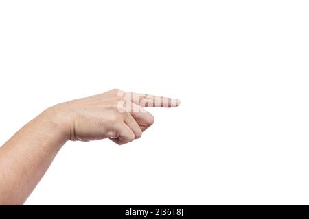 dito della mano maschio che punta isolato su sfondo bianco con percorso di ritaglio. Foto Stock