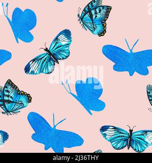 Farfalla. Ripetizione senza giunture. Acquerello illustrazione botanica inclusa nella collezione di fiori selvatici. Immagine isolata su sfondo rosa. Foto Stock