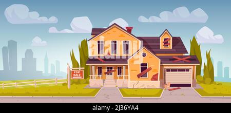 Vecchia casa suburbana con segno per la vendita. Casetta residenziale abbandonata in mattoni gialli con garage, tetto rotto e finestre a bordo. Cartoni animati vettoriali Illustrazione Vettoriale
