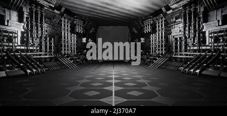 Tecnologia futuristica Parcheggio sotterraneo magazzino Auto Garage Studio Rough Modern Reflective Galleria Spaceship Corridor Showcase disco futuro grigio ABS Foto Stock