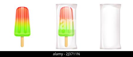 Gelato alla frutta in confezione, lolly su bastone, pop surgelato fruttato. Dessert estivo ricco di colore verde, giallo e rosso, fatto di succo fresco isolato Illustrazione Vettoriale