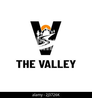 Valley Logo River V Letter Monogrammo e Vector Nature Graphic Design Template Illustrazione Vettoriale